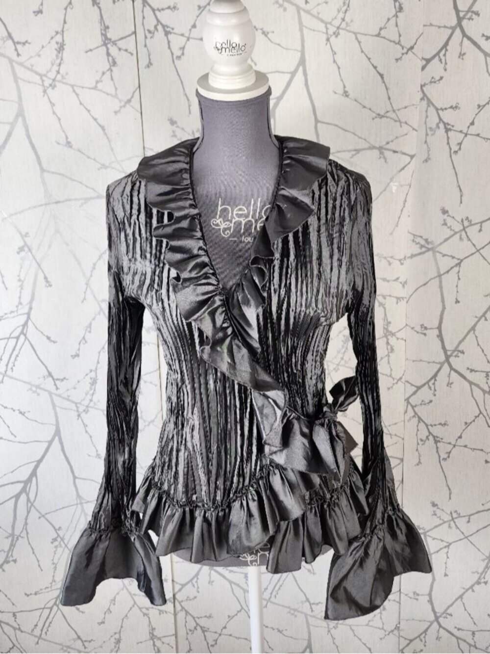 Allison Taylor Metallic Silver Crinkle Ruffle Wrap Blouse
